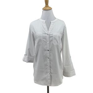 Cathy Woven Stretch Blouse Womens S Small White Buton Up Tab Sleeve Collarless